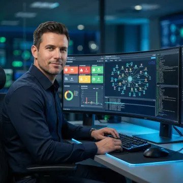 Cybersecurity professional conducting penetration testing on multiple screens showing network vulnerabilities