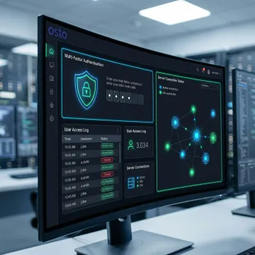 Secure server access management interface showing MFA authentication and user access logs