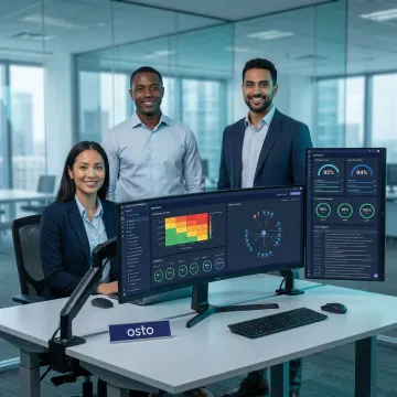 Insurance company IT security team reviewing risk management dashboard on multiple screens