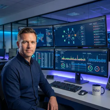 Cybersecurity professional monitoring a threat dashboard with multiple screens showing real-time alerts