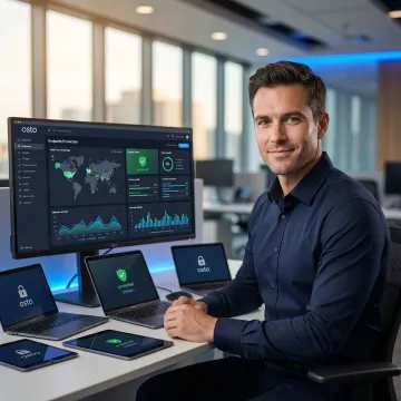 IT security professional monitoring endpoint protection dashboard across multiple devices