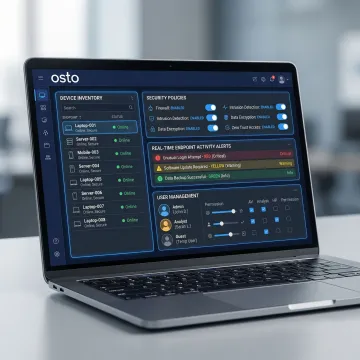 Unified endpoint protection dashboard showing device status, alerts, and policy controls