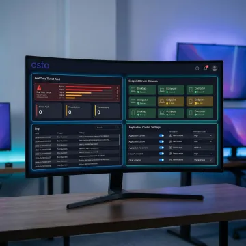 Centralized endpoint security dashboard displaying device health, threats, and user activity