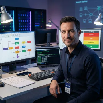 Security engineer conducting penetration testing steps on a laptop with vulnerability data on screen