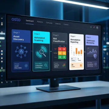 Step-by-step vulnerability scanning workflow illustrated on a cybersecurity platform