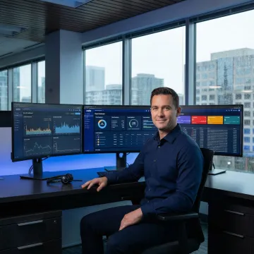 Cybersecurity consultant reviewing threat dashboard for a Seattle business