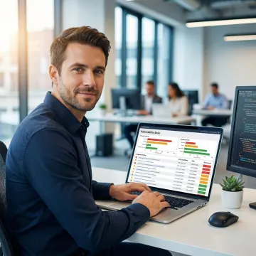 Step-by-step website vulnerability scanning process illustrated on a laptop screen