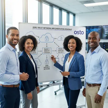 IT security team collaborating on a zero trust implementation roadmap on a whiteboard