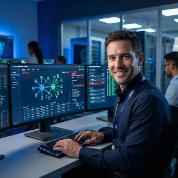 Cybersecurity professional reviewing zero trust network access dashboard on multiple monitors