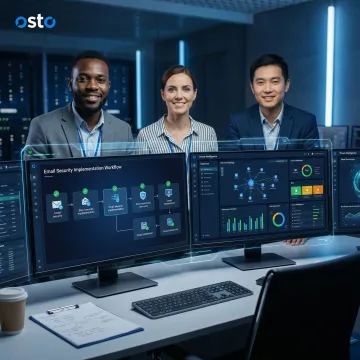 IT security team following a structured email security deployment process on multiple screens