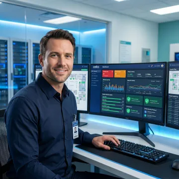 Healthcare cybersecurity consultant reviewing patient data security dashboard in a clinical setting