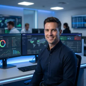 Cybersecurity consultant reviewing security dashboard on multiple monitors in a modern office