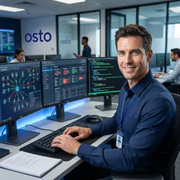 Cybersecurity professional conducting penetration testing on a laptop in an Iowa office