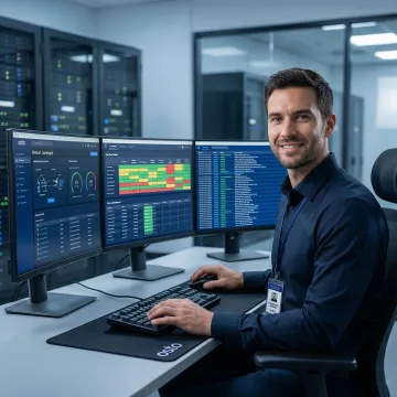 Cybersecurity engineer implementing network access control policies on a multi-screen workstation