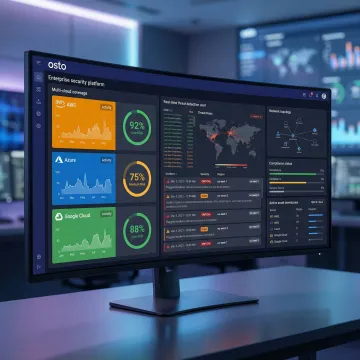 Unified cloud security platform interface showing threat detection and posture management for AWS, Azure, and GCP