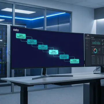 Step-by-step endpoint security process illustrated on a laptop screen with threat indicators