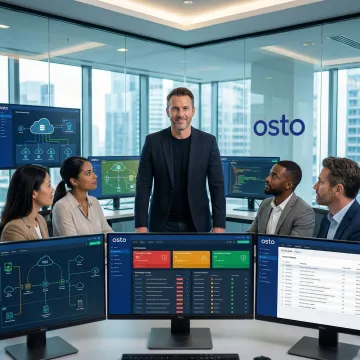Security expert guiding a team through cloud infrastructure risk assessment on multiple screens