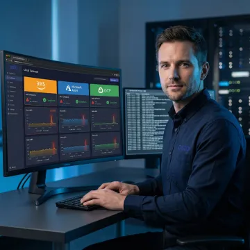 Cloud security consultant reviewing multi-cloud security posture on a modern dashboard