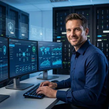 IT professional managing secure network infrastructure on a modern dashboard
