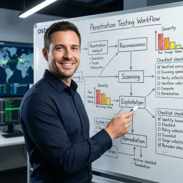 Cybersecurity analyst reviewing penetration testing methodology steps on a whiteboard