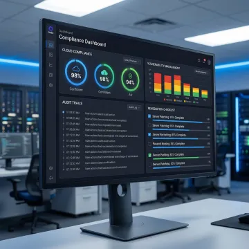 Security compliance dashboard showing audit logs, posture scores, and vulnerability findings across cloud environments