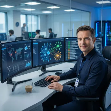 Cybersecurity professional monitoring a unified security dashboard for a US business