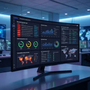 Unified cybersecurity platform dashboard showing threat detection, cloud posture, and access control metrics