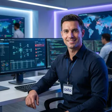 Cybersecurity consultant reviewing data security dashboard on multiple screens