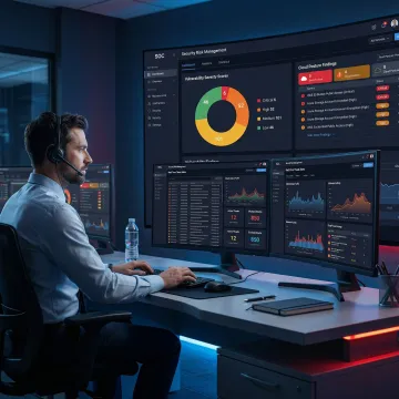 Security professional reviewing a risk assessment dashboard with threat alerts and cloud posture metrics