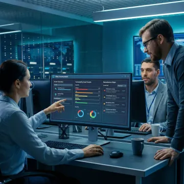 Step-by-step security risk assessment workflow displayed on a digital dashboard with color-coded severity levels