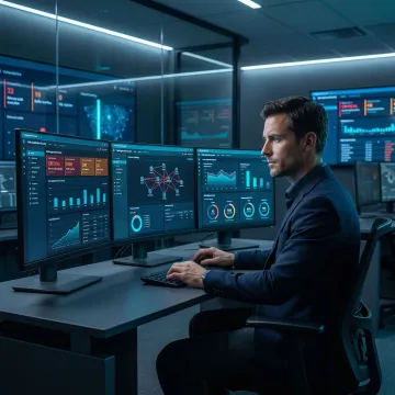 Web application security consultant reviewing vulnerability dashboard on multiple monitors