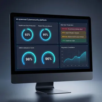 AI-powered cybersecurity dashboard showing healthcare data protection and compliance metrics