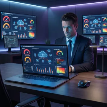 Security analyst reviewing AI-generated vulnerability report on a laptop