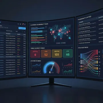 AI-powered cyber security dashboard displaying vulnerability scan results and risk scores