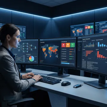 Cybersecurity analyst reviewing vulnerability assessment and penetration testing results on a dashboard