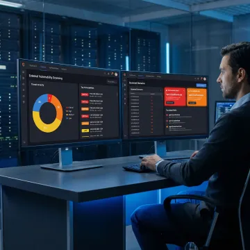 Security analyst reviewing external vulnerability scan results on a dashboard