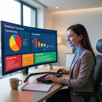 Security engineer reviewing a detailed penetration testing report on a computer screen