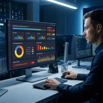 Security analyst reviewing posture assessment dashboard with cloud infrastructure risk findings
