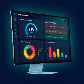 Security dashboard showing threat alerts, cloud posture scores, and vulnerability reports