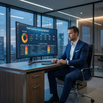Penetration tester reviewing a detailed vulnerability assessment report on a screen