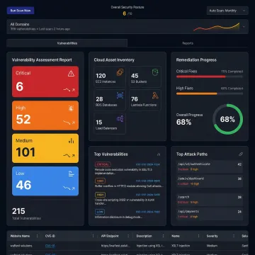 Osto vulnerability scanning dashboard showing security score and vulnerability severity breakdown