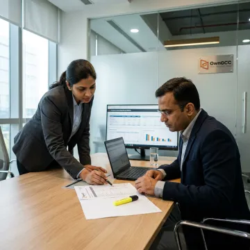 Insurance accounting team reviewing financial reports
