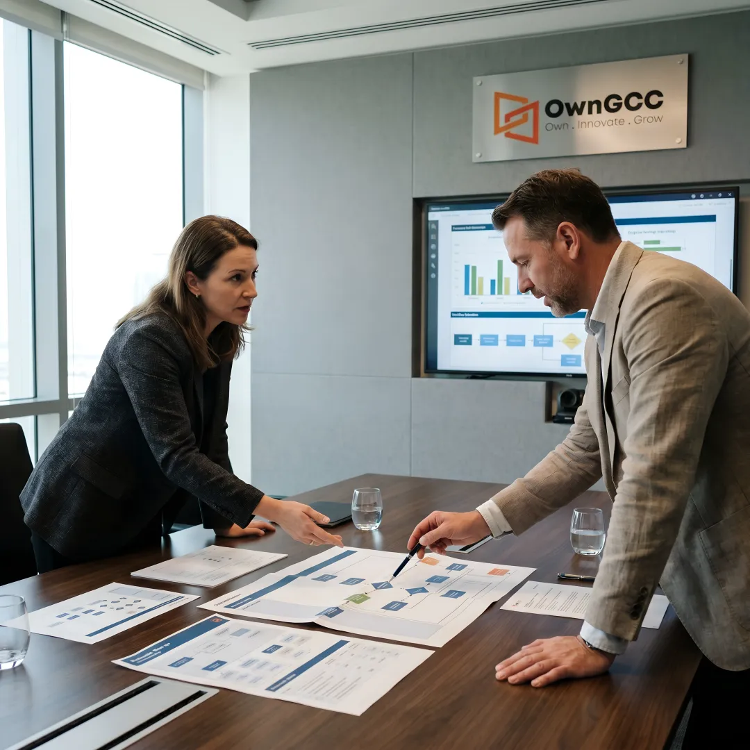 Consultants reviewing process optimization workflow