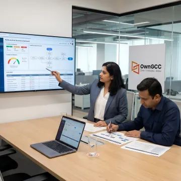 Healthcare data governance consultants reviewing dashboards