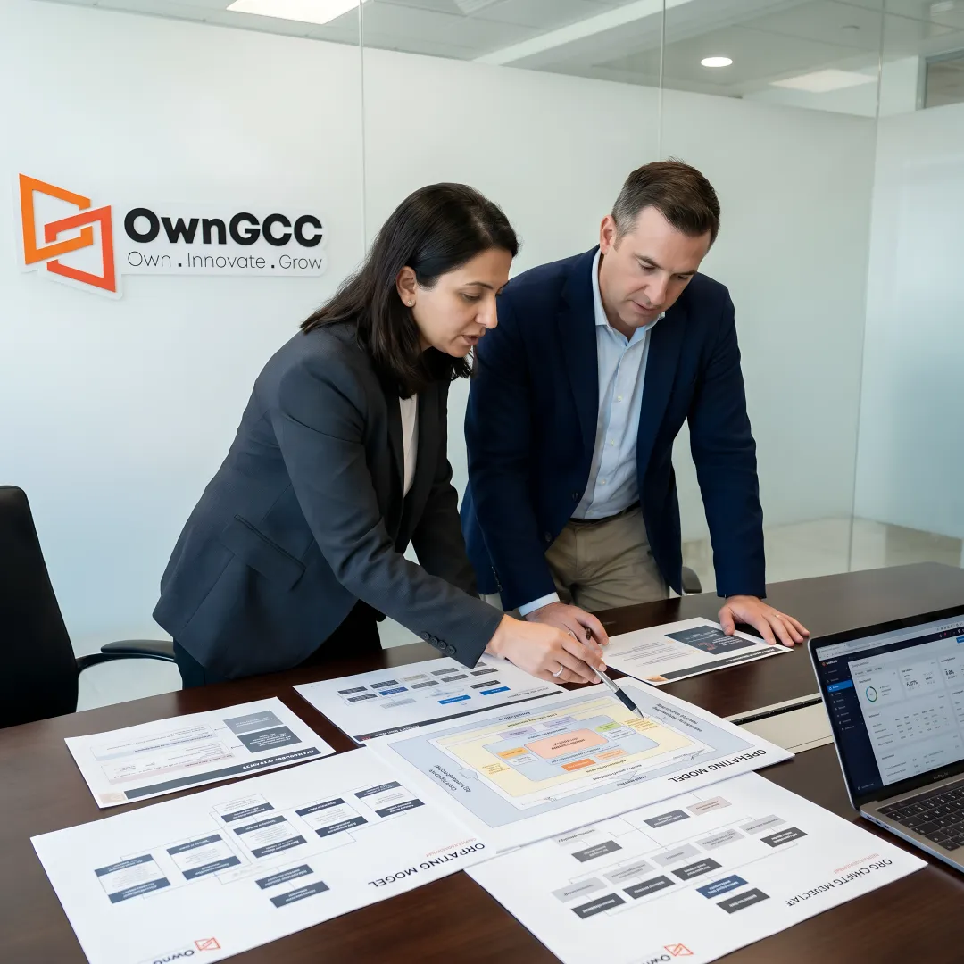 Consultants reviewing global operating model strategy