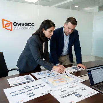 Consultants reviewing global operating model strategy