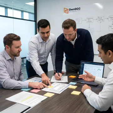 Operational excellence consultants reviewing manufacturing process data