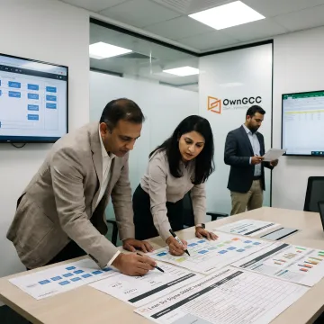 Consultants reviewing Lean process improvement workflow