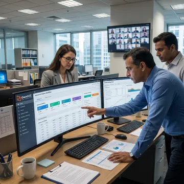 Insurance operations team reviewing virtual staffing workflow
