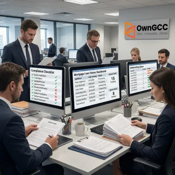 Offshore mortgage operations team reviewing loan files